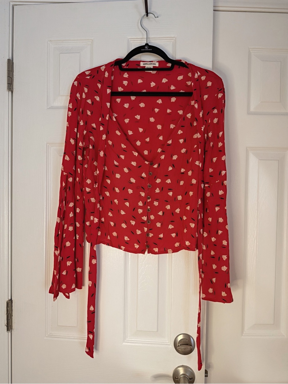 Billabong Red Floral Tie Button Down Blouse Bell Sleeves